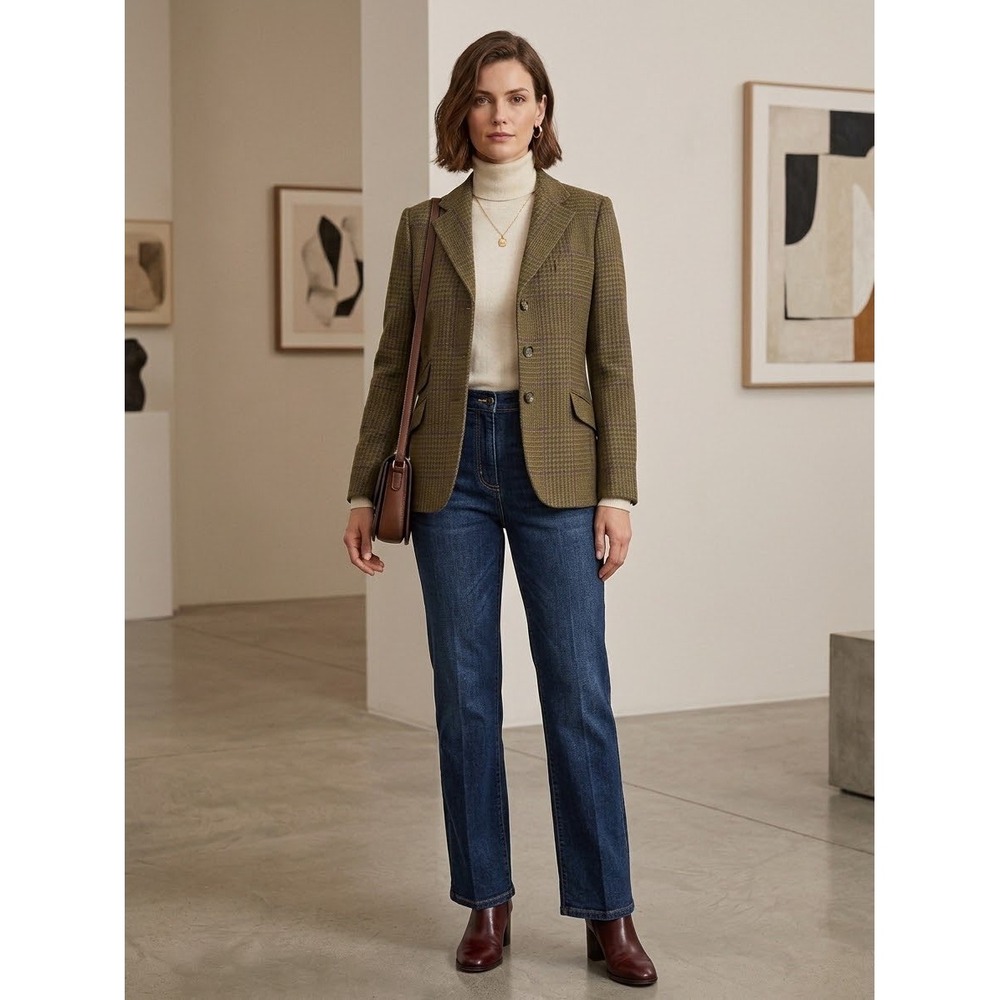 Lauren Ralph Lauren Women's Wool Plaid Blazer Olive Brown Purple Windowpane 14